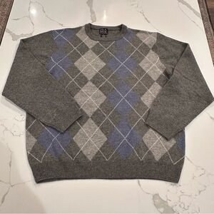 Jos A Bank Vintage Lambs Wool Argyle Sweater Mens XL Gray Blue Crew Neck Grandpa